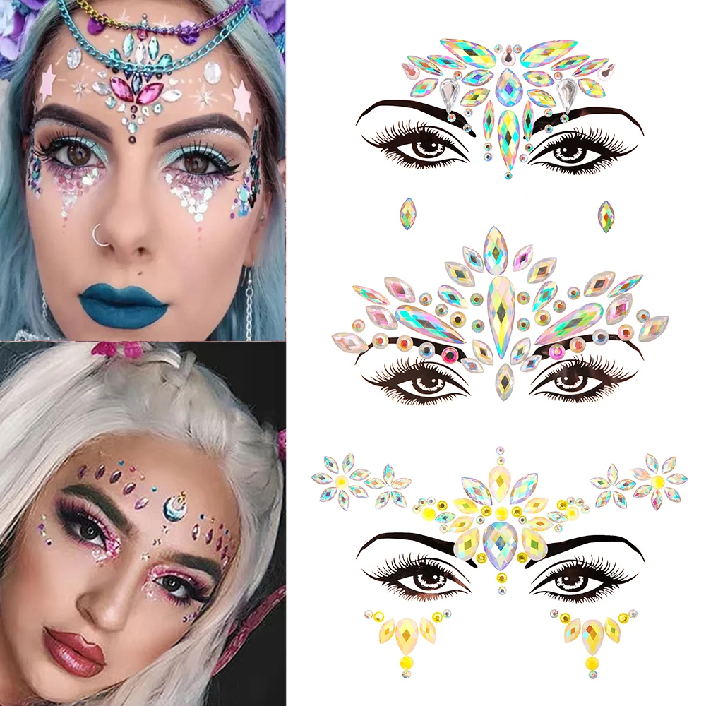 

3D Acrylic Glitter Rhinestone Temporary Sexy Face Tattoo Sticker for Women Holiday Party Masquerade Body Facial Jewelry Tattoo