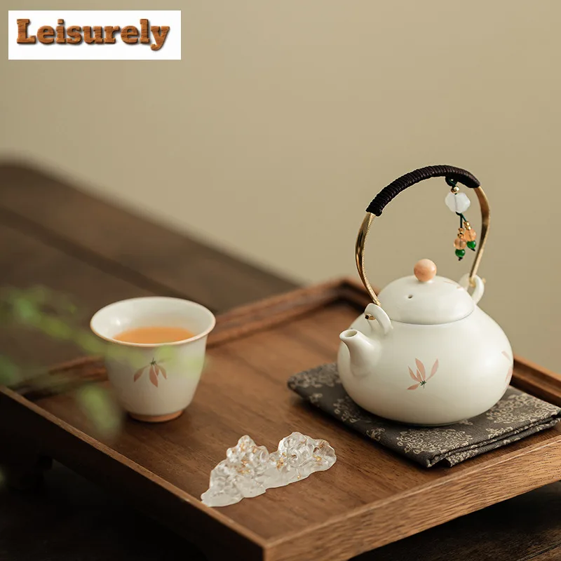 132ml Hand Drawn Orchid Wind Chime Lifting Handle Teapot Tea Infuser Pot Tea Maker Kettle With Strainer Tea Services Craft Gift
