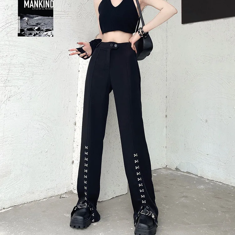 New Spring Autumn Women Harajuku Black Punk Metal Buckle Pants Streetwear High Waist Casual Loose Fashion Hot Girl Trouser white capri pants