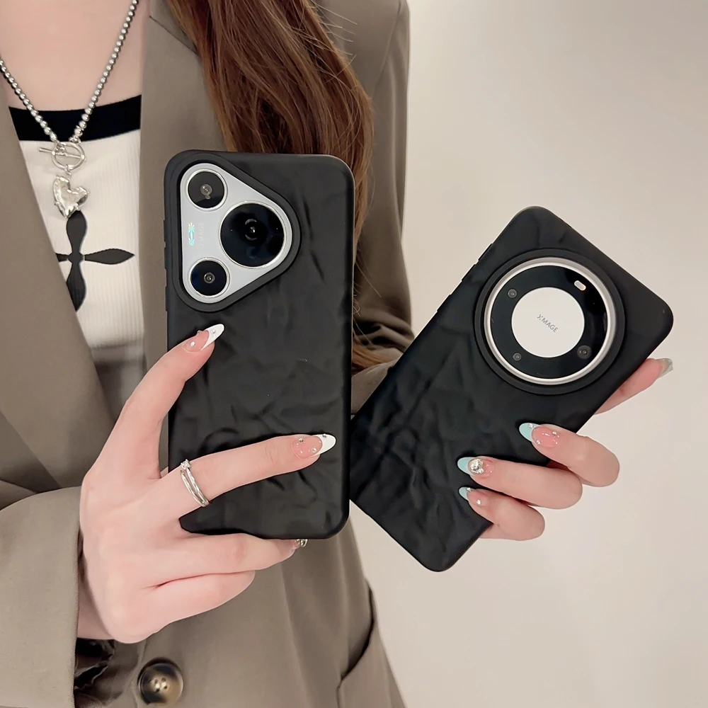 Coque de téléphone à plis 3D noir mat pour Huawei P40 P50 P60 Mate 30 40 50 60 Pro Pura 70 Pro Ultra Honor 50 Soft Cover_voghion.com