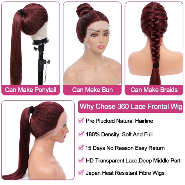 Beauebony Burgundy Lace Front Wig Synthetic Glueless Straight Lace Frontal Wig Pre Plucked 360 Lace Frontal T-Part Red Wigs Hair 4