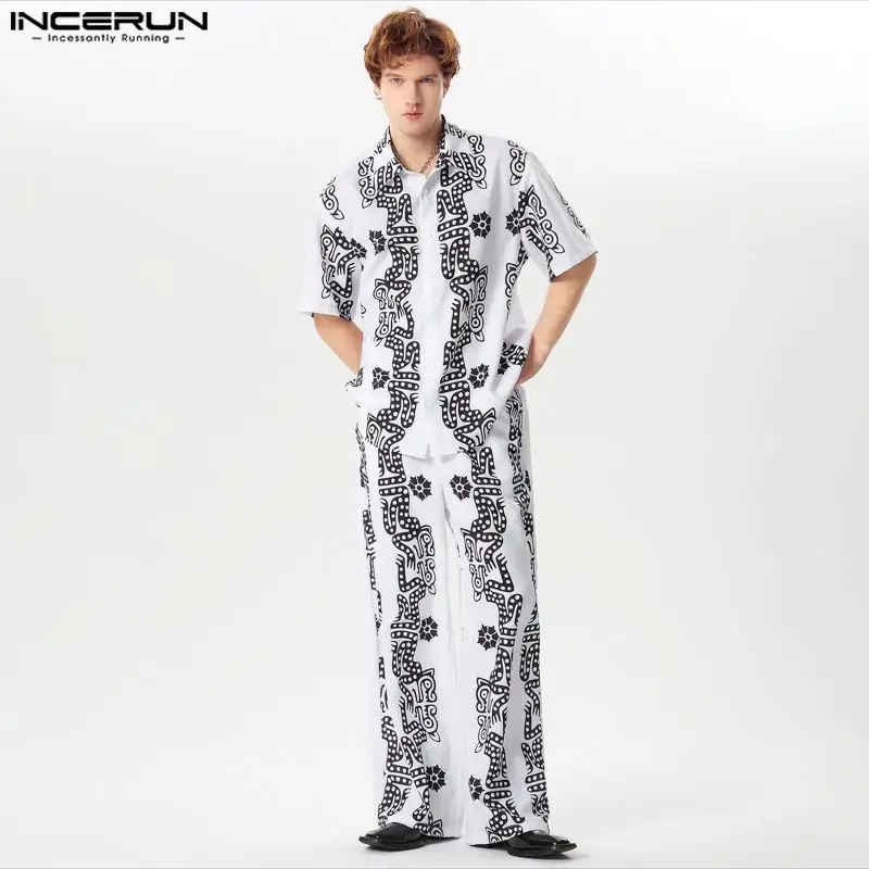 

INCERUN 2024 American Style Sets Handsome New Men Casual Long Sleeved Shirts Pant Fashion Personality Print Two-piece Sets S-5XL