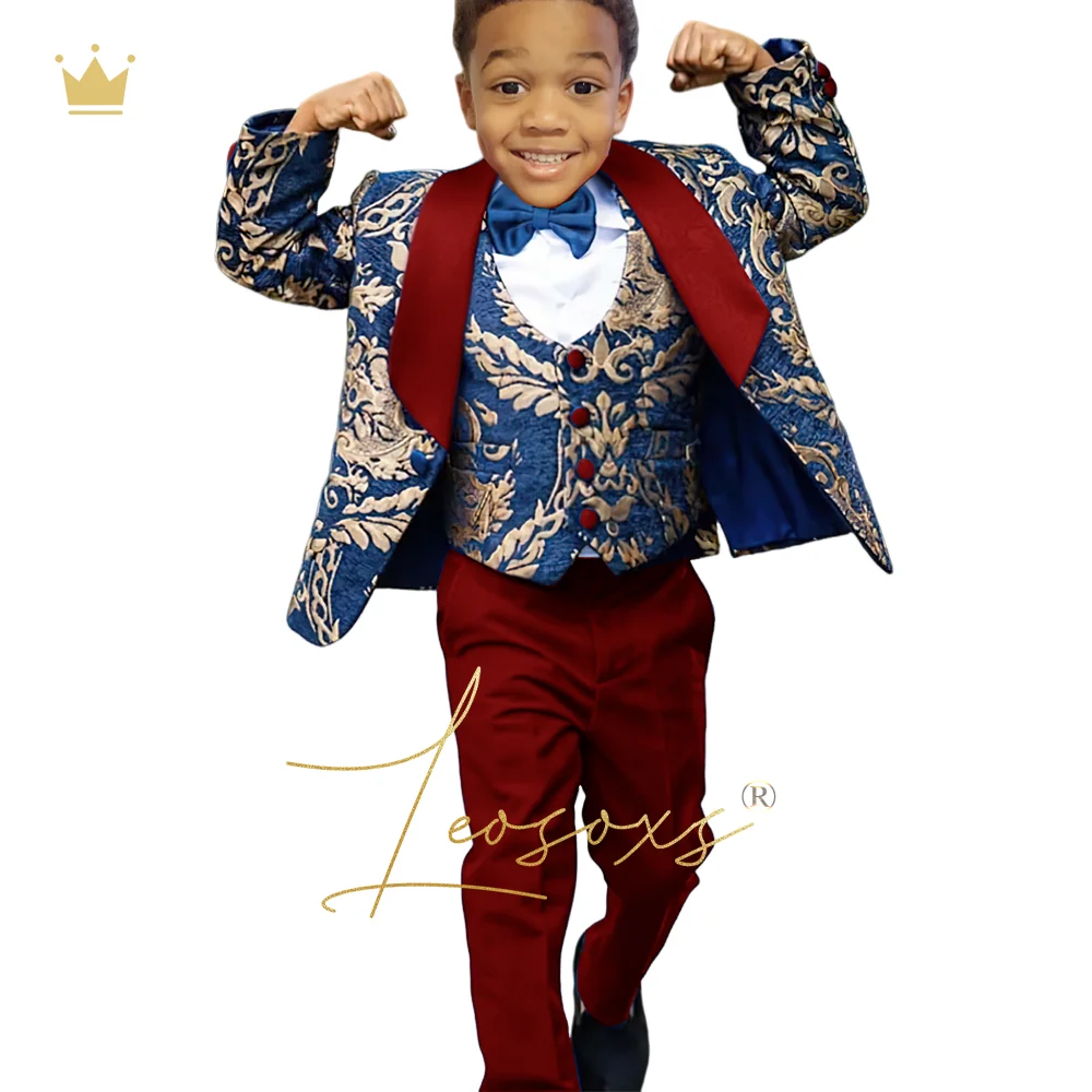 Boys blue gold flower jacket vest trousers dress suit tuxedo 3 piece set, children's wedding queue festival clothing