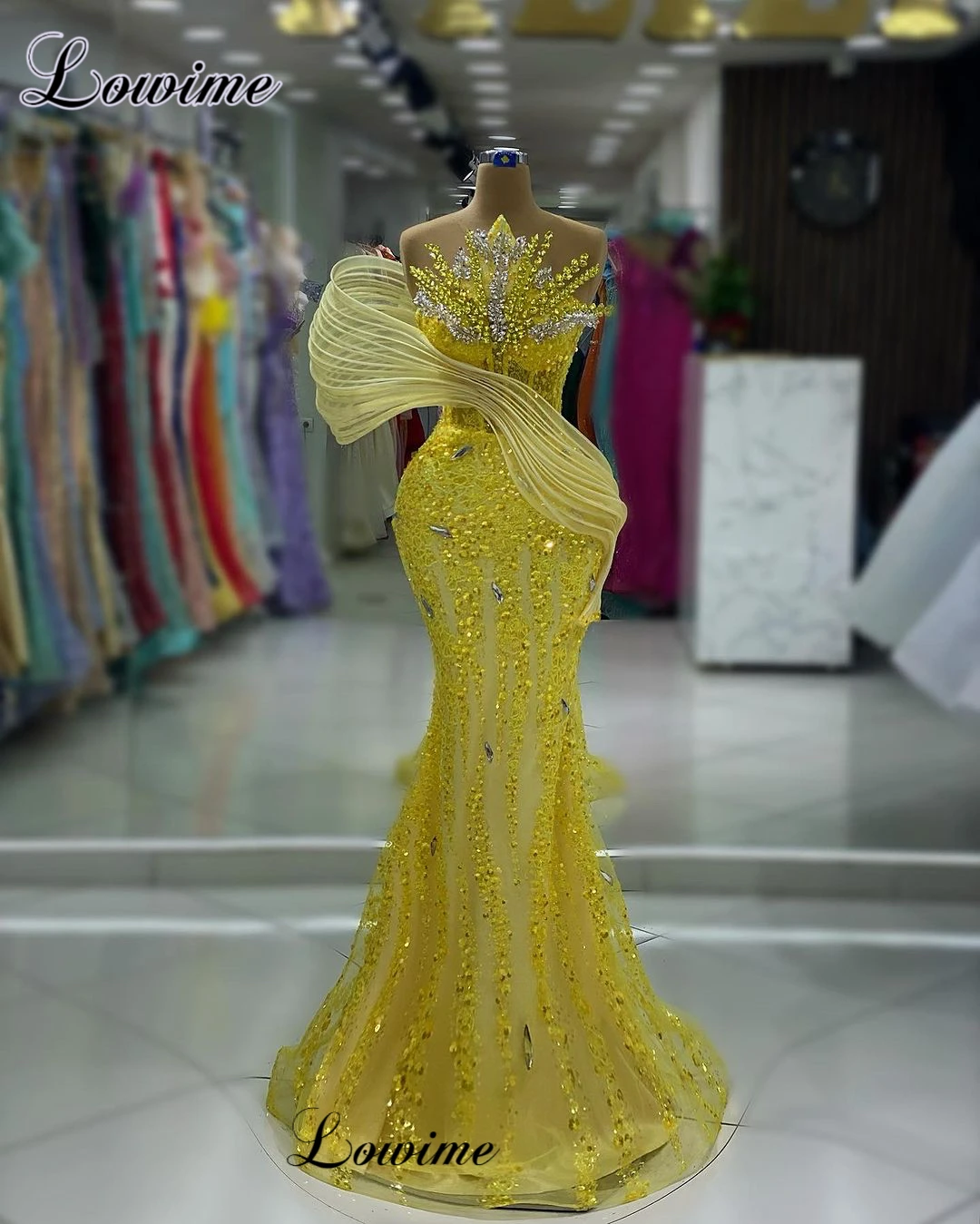 New Fashion Yellow Celebrity Dresses For Women Beaded Sparkly Prom Dresses Mermaid Vestidos De Gala Crystals Evening Gowns