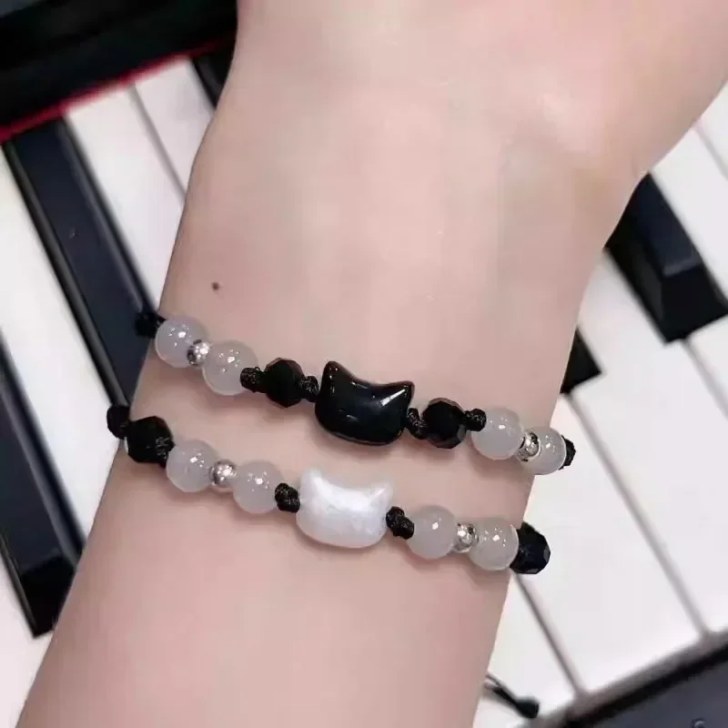 2pcs Natural Moonstone Black White Cat Bracelets Women Couple Minimalist Bracelet Handmade Bracelet Party Animal Jewelry Gifts