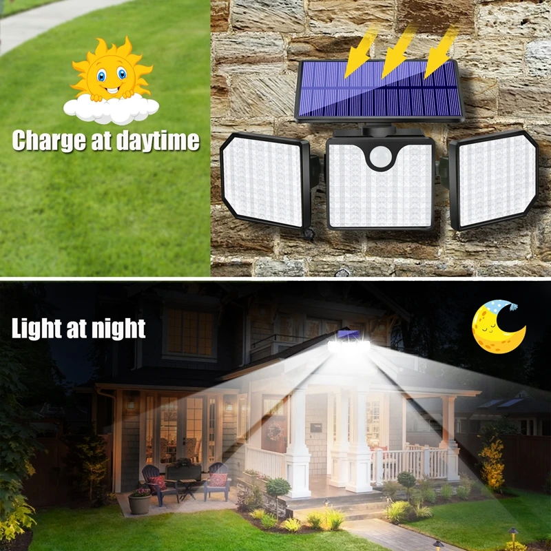 Description Picture 4 of item230 LED Super Bright Solar Led Wall Lights for Outdoor Garden External Solar Lamp 360° Adjustable 3 Heads Motion Sensor Lights