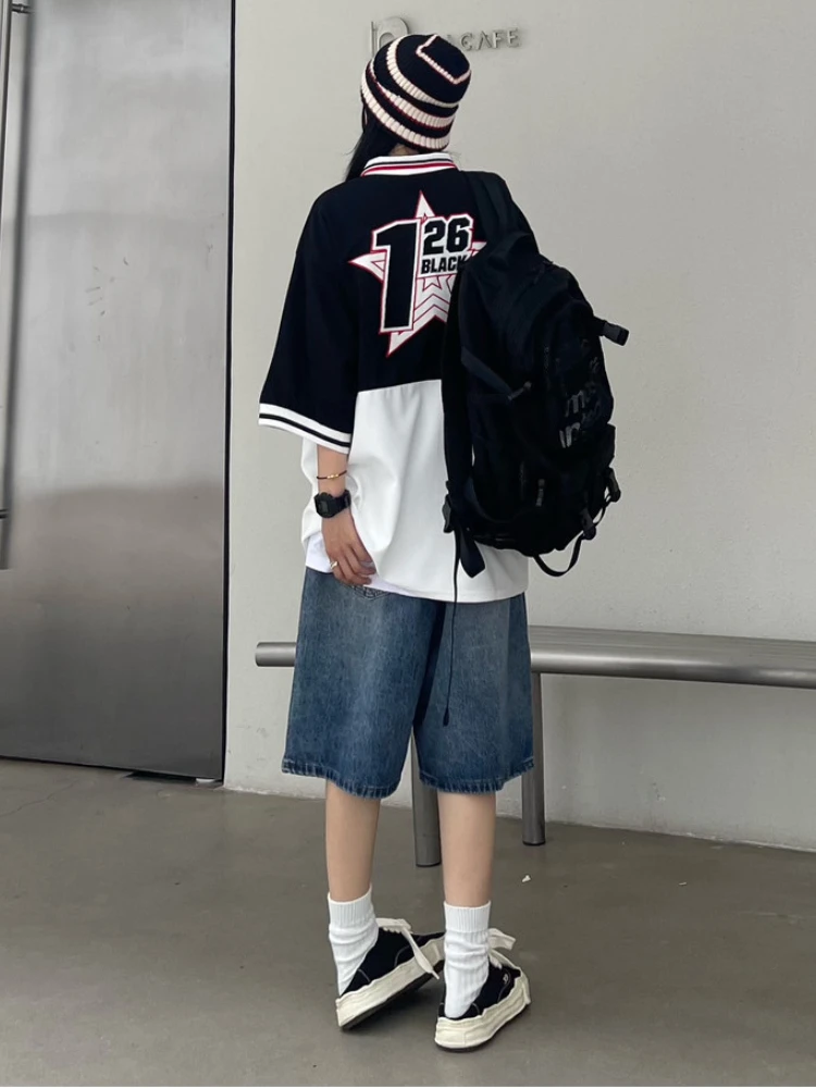 QWEEK 여성용 헐렁한 Jorts 빈티지 와이드 레그 5 포인트 청바지, 미국 스트리트웨어, 캐주얼 워싱 오버사이즈 여름 데님 반바지, Y2K