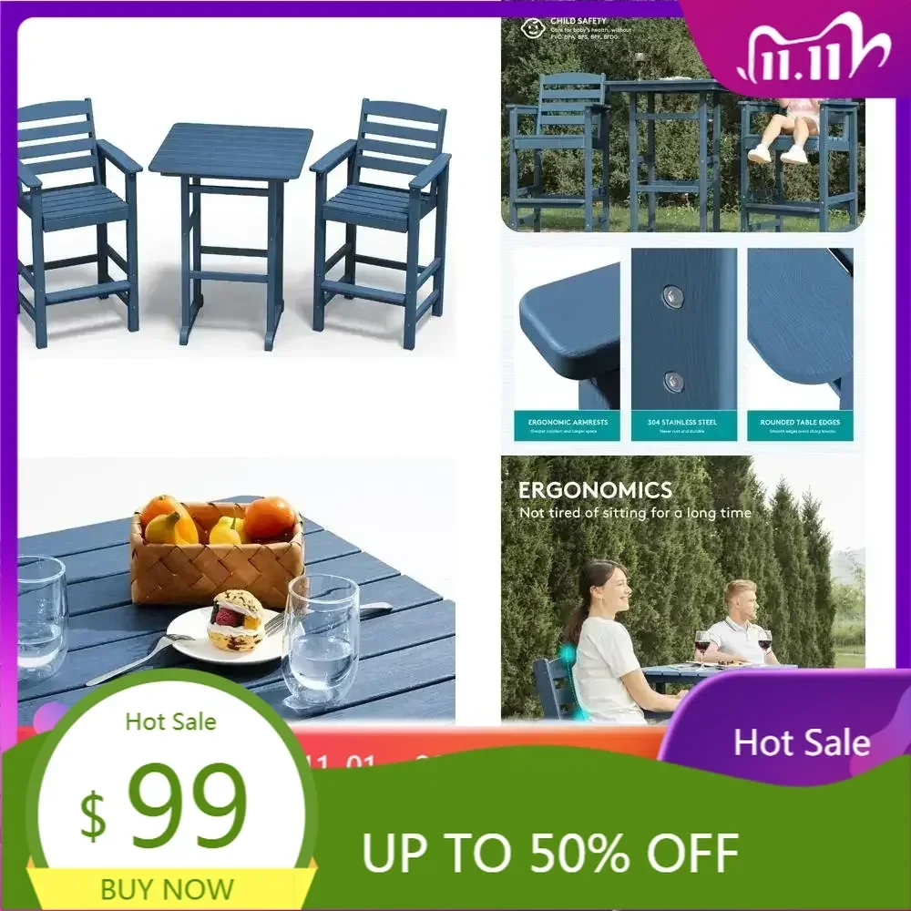 Outdoor Patio Adirondack 3-Piece Set with Chairs and Table, Pair of Adirondack High Bar Stools and Bar Table, Set of Outdoor Bar