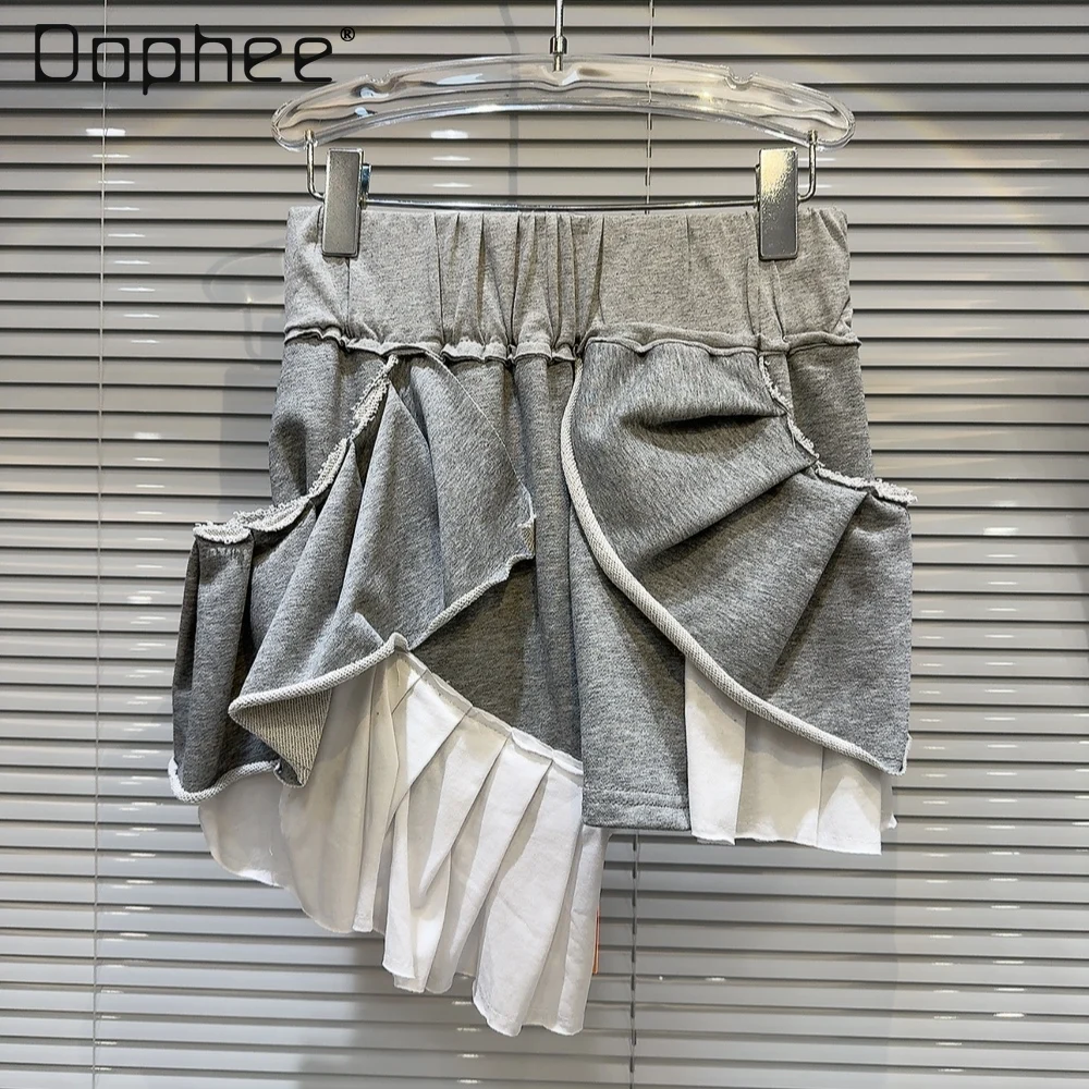 Personalized Gray Irregular Ruffled Skirt Woman 2024 Spring New Hot Girl Rough Edge Distressed Stitching Elastic Waist Skirts spring fashion diamond plaid raw edge straight leg pants new women s high waist washed cotton jeans