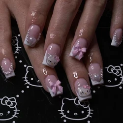 Medium Square Pink French Cute Cat & Love Camellia Nail Set with Jelly Powder Bow Accents (WHITE)