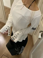 Tonngirls American Retro Print T-shirt Women Long Sleece Button Graphic Tops Y2k Tops 2000s Japanese Grunge Tops E-girls Autumn 2