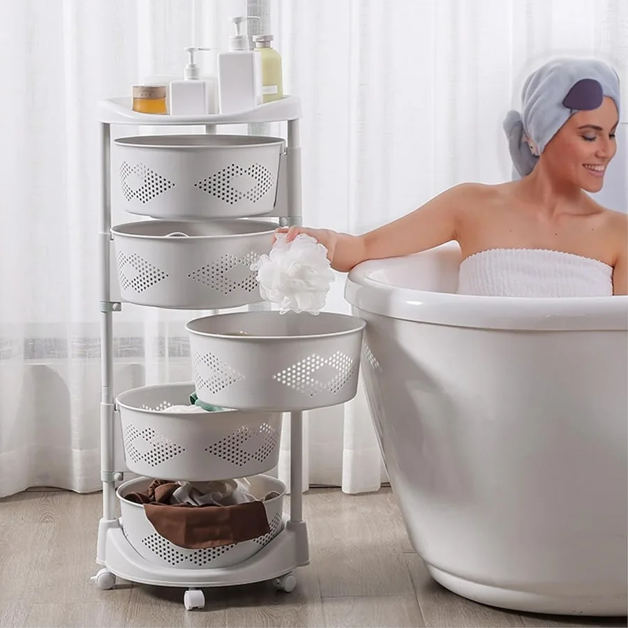 Fruit and Vegetable Basket Bowls for Kitchen with Metal Top Lid 5 Tier Rotating Storage Rack Cart for Potato Onion Bread Banana