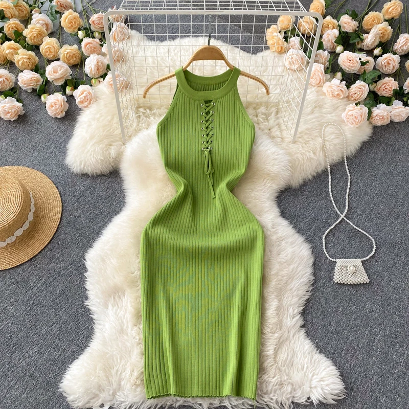 

Sleeveless Knit Dress Women Slim Fashion Long Knitted Dresses