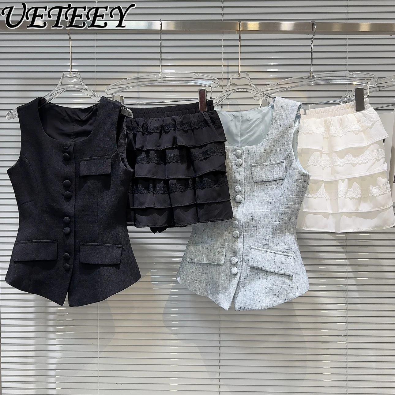 Fashion Elegant Girls Two-Piece Set Summer New Slim Fit Waist Waistcoat Vest and Chiffon Tiered-Ruffle Short Skirt Suit Women