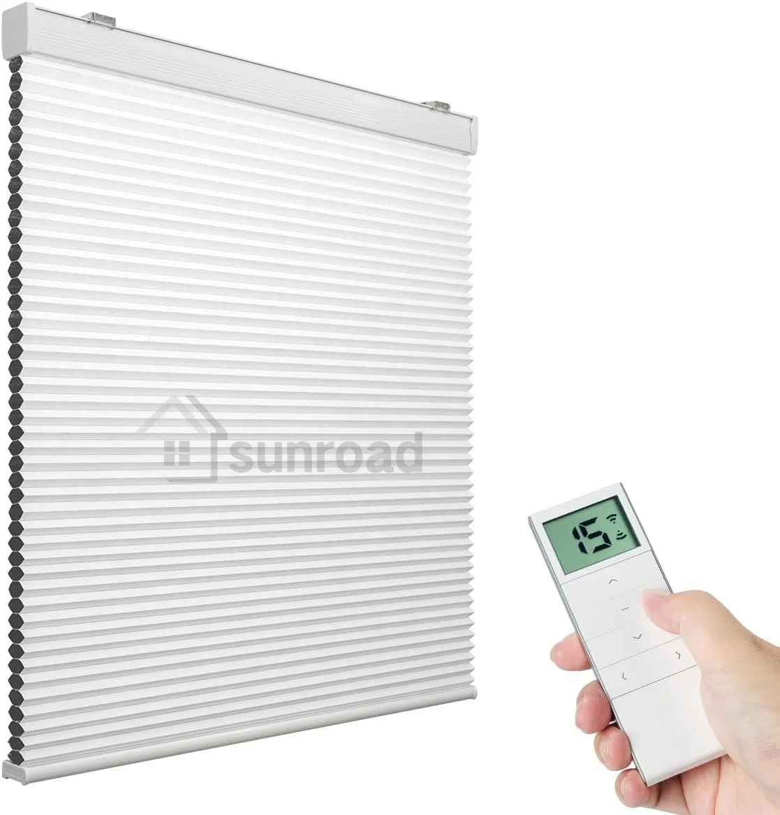 ม่านบังแดดอัจฉริยะ Sunroad แบบสั่งทําพิเศษพร้อมรีโมทคอนโทรล: มู่ลี่รังผึ้งบังแสงแบบใช้มอเตอร์สําหรับ Windows ทํางานร่วมกับ Alexa 1