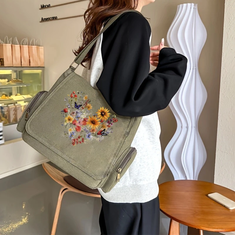 Women's Shoulder Bag Crossbody Bag Vintage Canvas Messenger Bag Floral Print Large Capacity for Travel