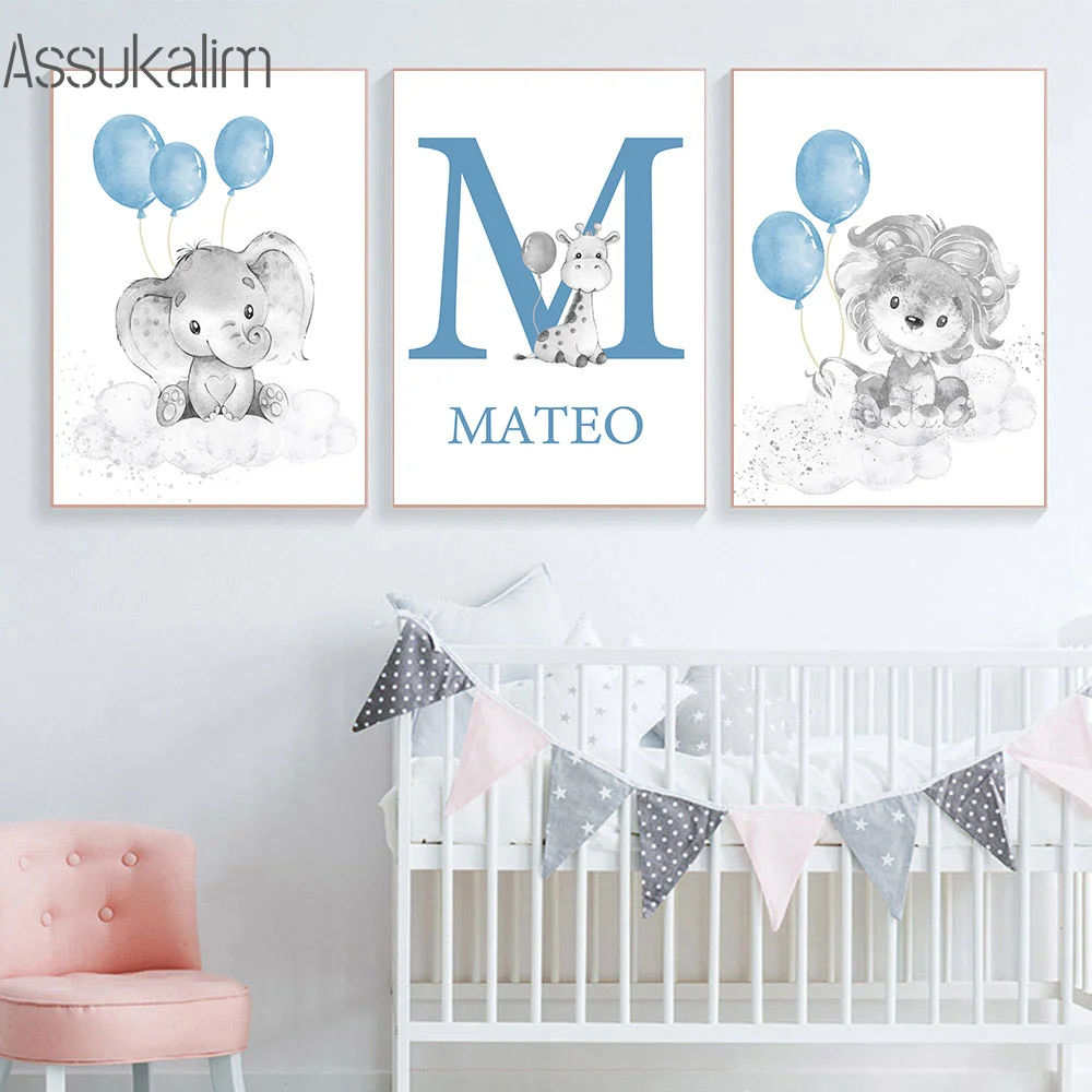 Nursery Posters Balloon Wall Art Custom Name Poster Elephant Lion Print