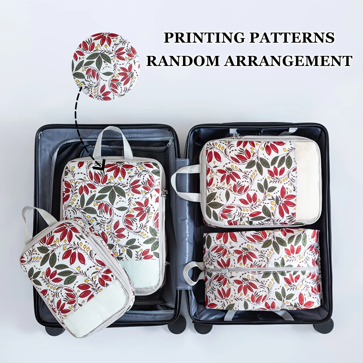 4-Piece Compression Travel Storage Bags Set, Polyester Fabric Printed Positioning Cubes with Breathable Mesh Organizer