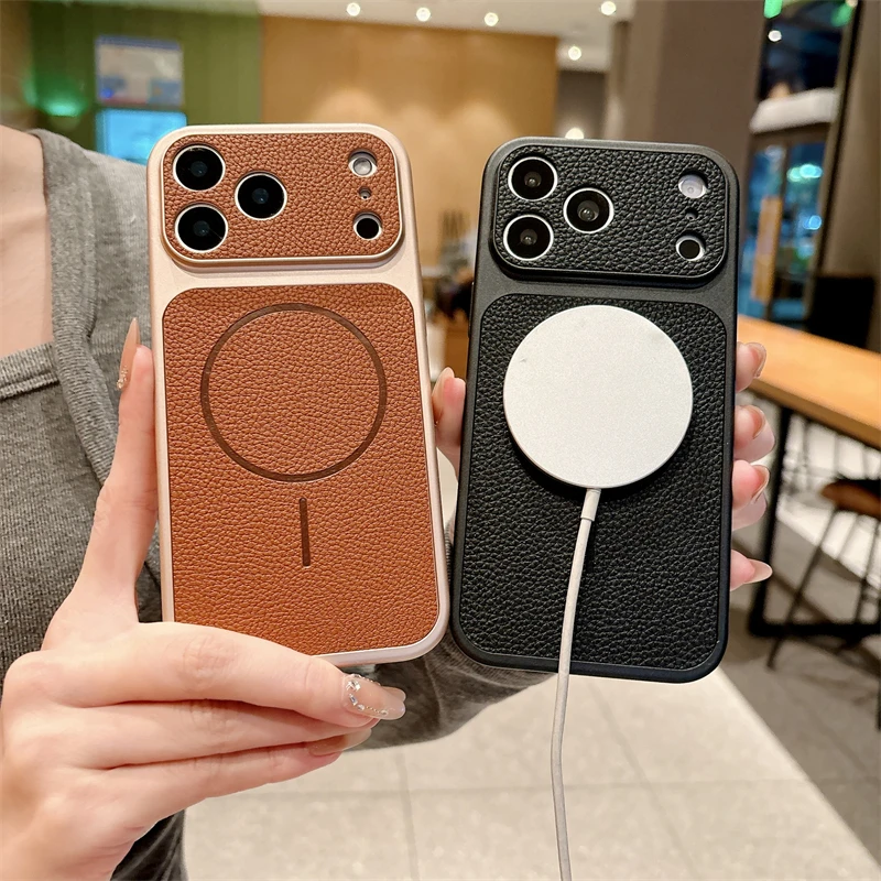 Magnetic Wireless Charging Case For Iphone Pro Max With Lychee Leather Texture And Shockproof Protection_voghion.com