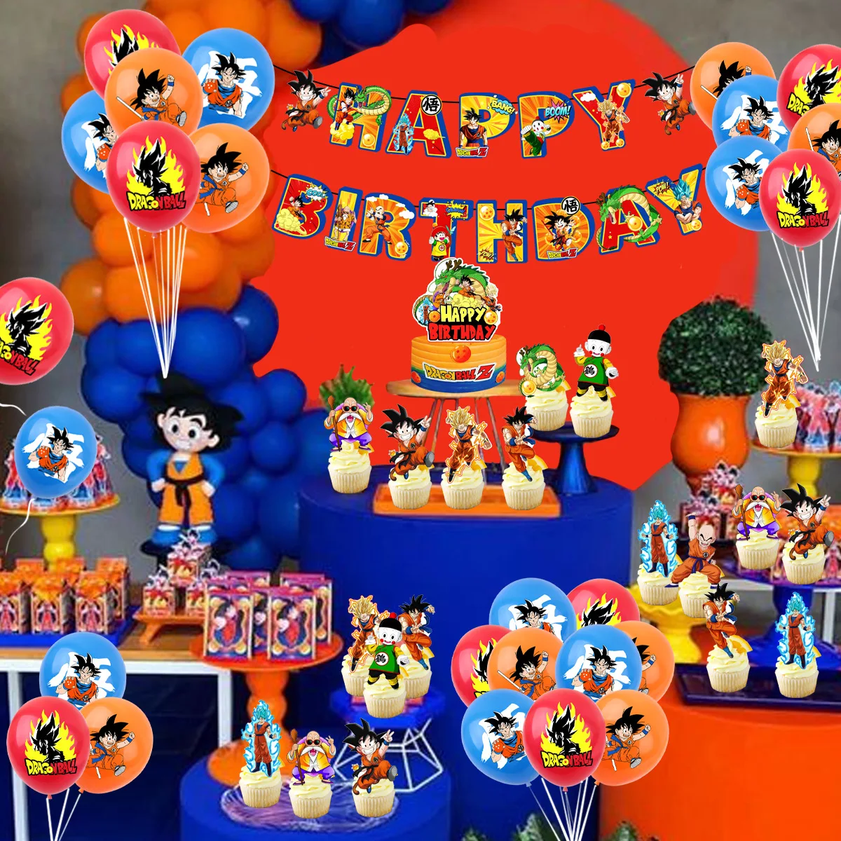 Anime Dragon Ball Birthday Party Disposable Cutlery Plate Banner Cake Topper Hanging Flag Balloons Set Decorations