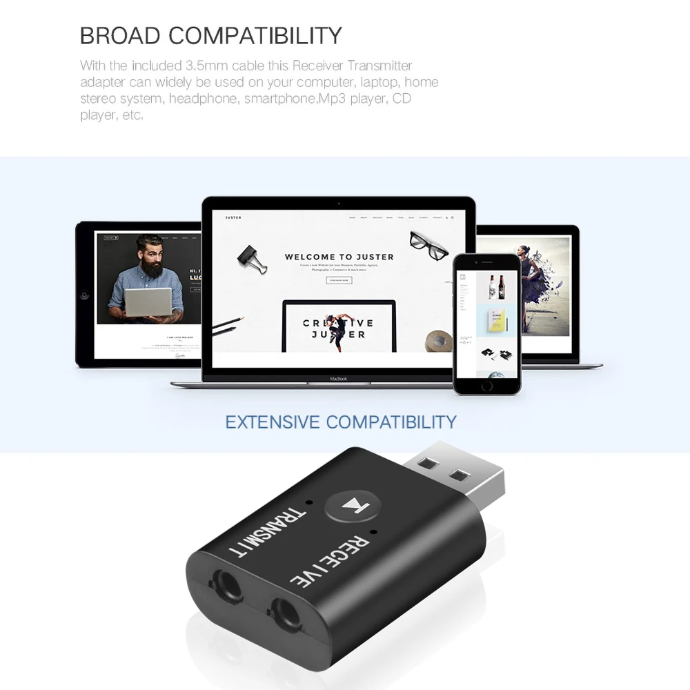 2 IN 1 Wireless Audio Receiver Transmitter Bluetooth 5.0 Audio Adapter Dual Function USB Dongle For Car Speaker Headphones