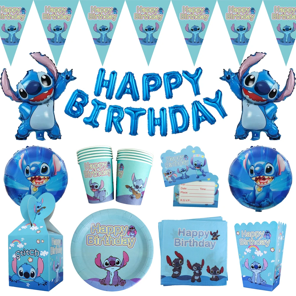 Lilo Stitch Birthday Decorations Disposable Tableware Set Paper Plates  Banner Tablecloth Balloon Boy Kids Adult Party Supplies