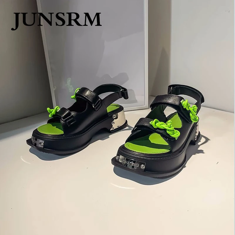 

Thick Bottom Roman Sandals Female 2023 New Round Head Hook & Loop Platform Sandals Metal Design Punk Style Casual Daily Shoes