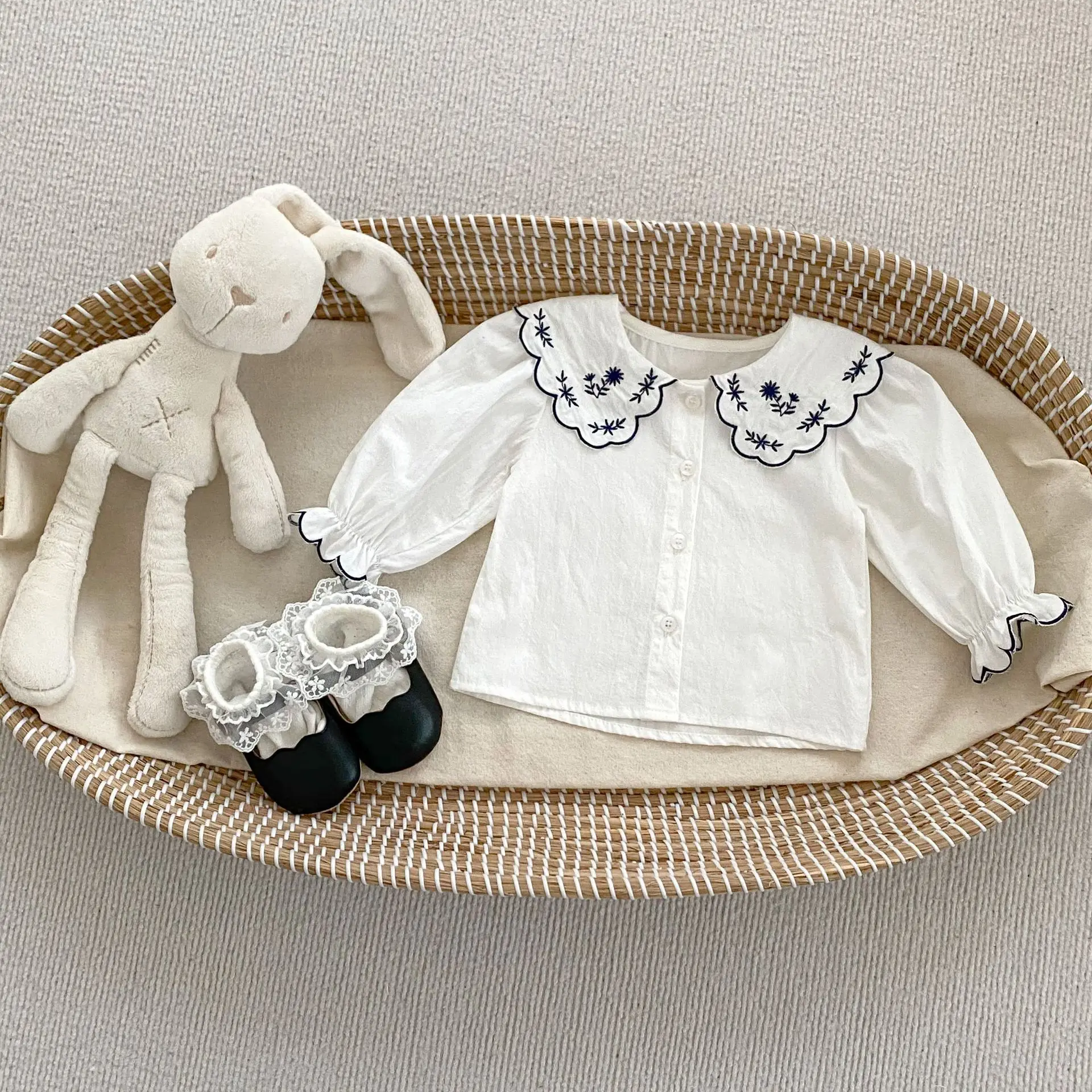 8509 Baby Girl's Clothes Spring New Embroidered Lapel Girl's Long Sleeve Shirt 0-3Year Doll Shirt Tops
