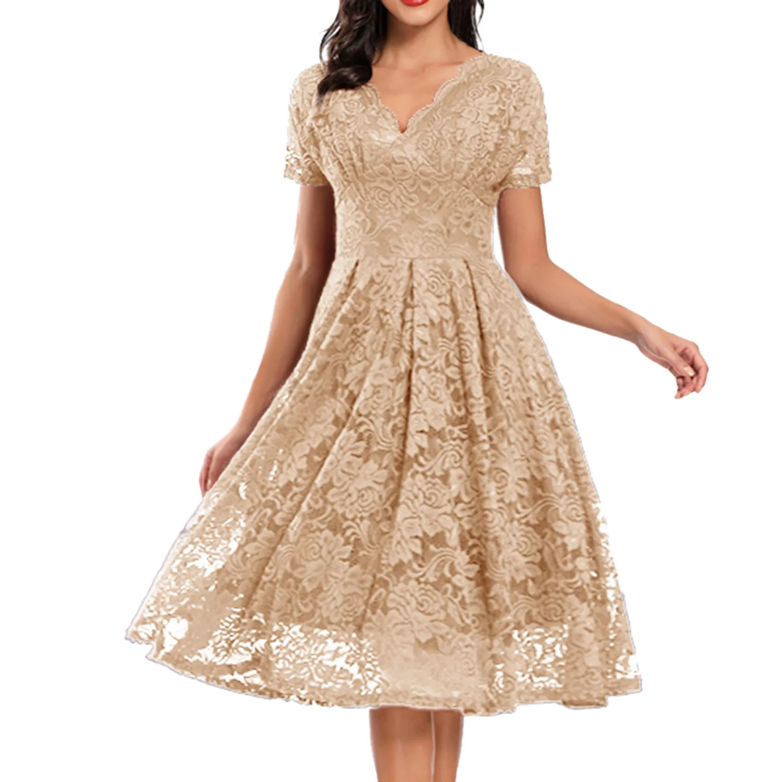 

Dresses For Women 2023 Short Sleeve A-Line Lace Irregular Collar Bridesmaid Midi Dress Wedding Formal Party Dresses Vestidos