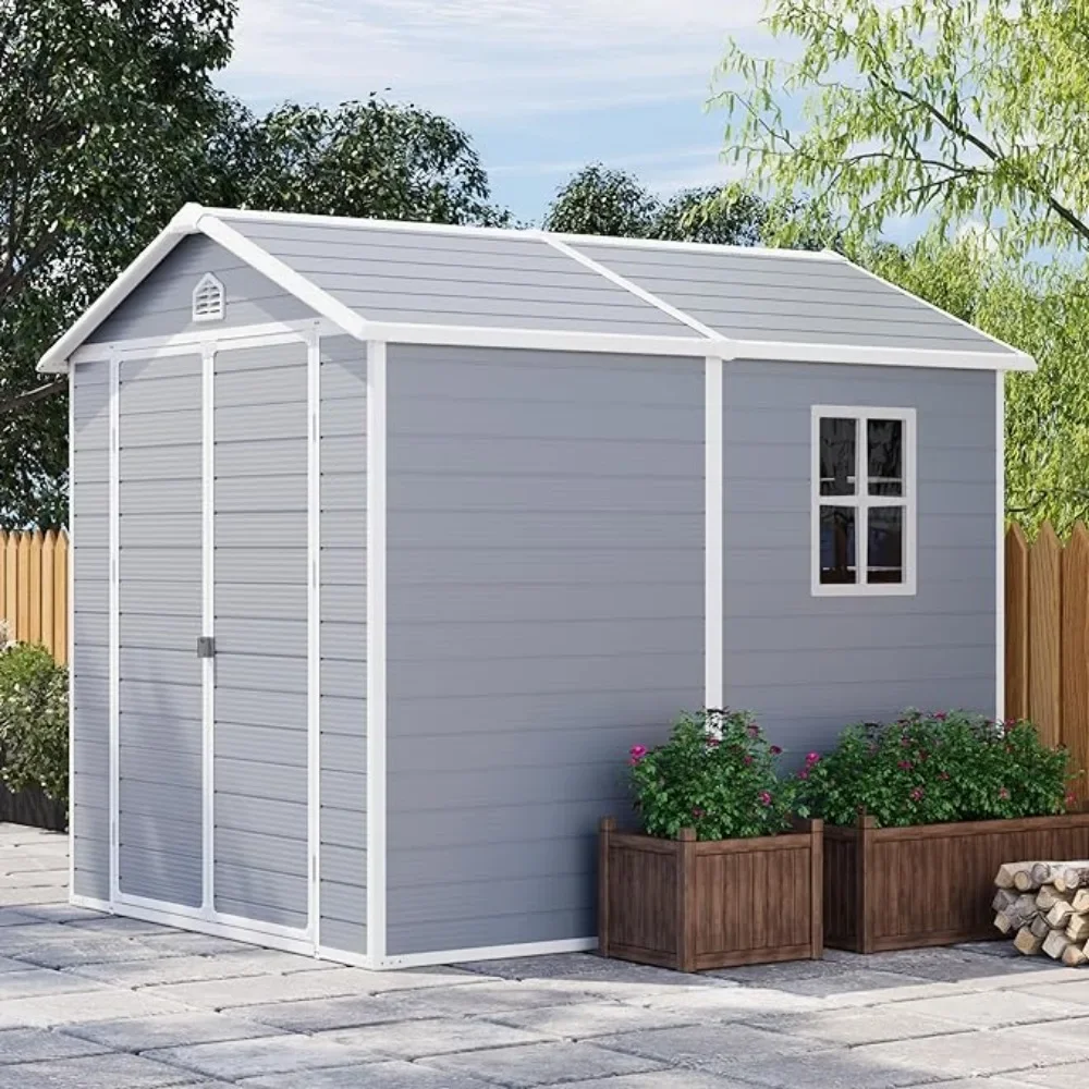 6 x 8 FT Outdoor Storage Shed, Resin Storage Shed with Floor & Lockable & Window Door for Patio Furniture, Bicycle, Grey& White
