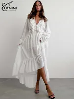 Oymimi Elegant White Ruffled Dresses 2025 Woman Fashion V-Neck Lace-Up Long Sleeve Dresses Casual High Waist Floor-Length Dress - Image 2