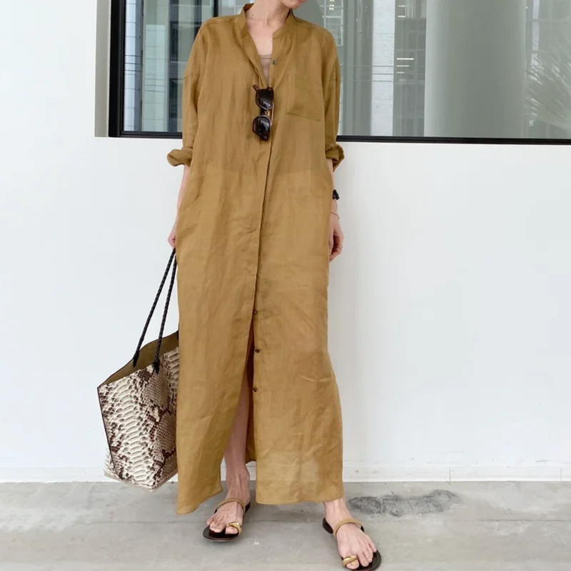 

New Fashion Women's Dress 2023 Elegant Solid Linen Loose Thin Chic Vestido Casual Dress for Women