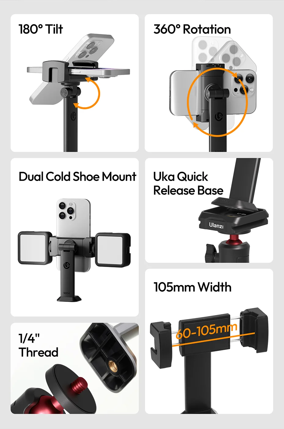 Phone Holder Rotatable Phone Clip with 1/4' Screw Hole & Uka Base Clamp 60-105MM