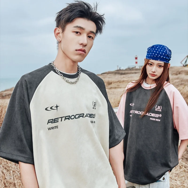 

Retro Shoulder Sleeve T-shirt Men Women Couple Summer Same Suede Doing Old American Printing Short Sleeve Patchwork