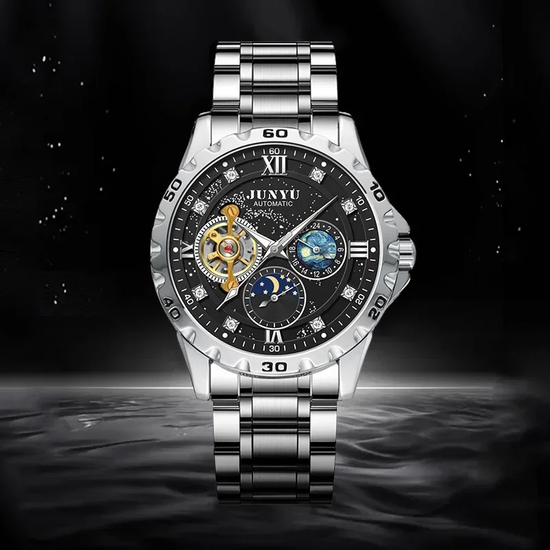 

JUNYU Luxury Men's Watch Automatic Mechanical Waterproof Men Wristwatch Starry Sky Three Eyes Business Steel Band Men Watches