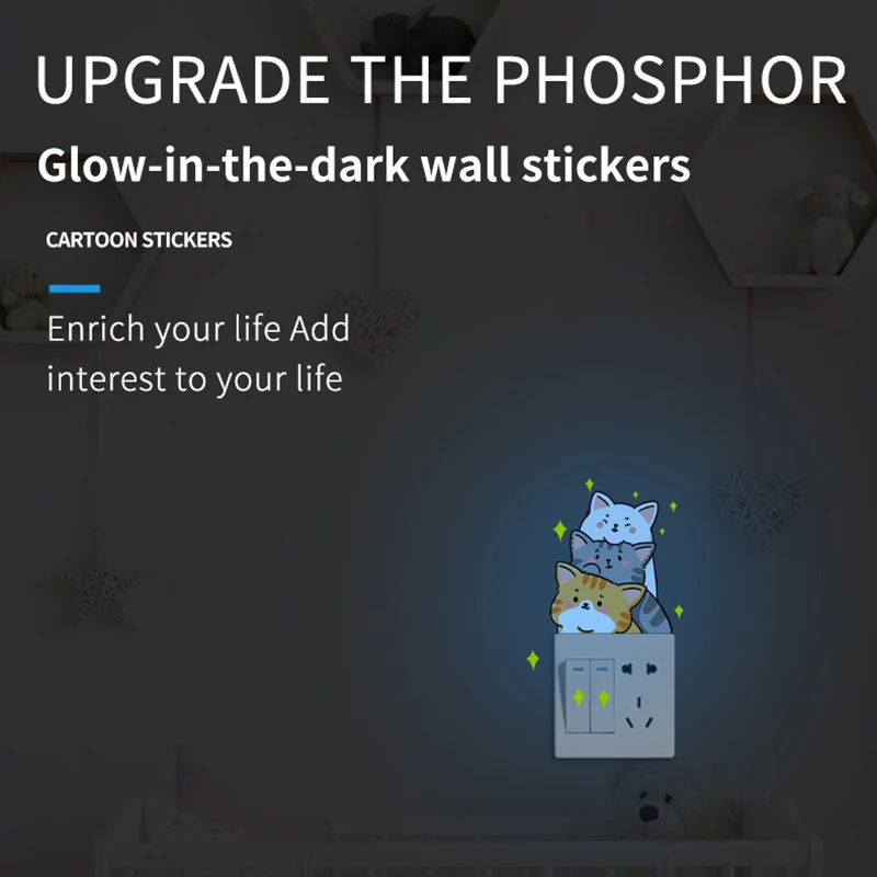 Luminous Stacked Cat Cartoon Switch Stickers Decorative Children's Room Wall Stickers Living Room Bedroom Luminous Self-Adhesive Paper