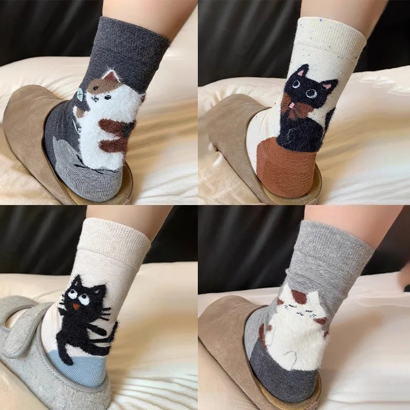 4pairs Fashion Cute Cartoon Kitten Pattern Socks Sweat Absorption Breathable Soft Mid Tube Socks Casual Socking for Women Girls