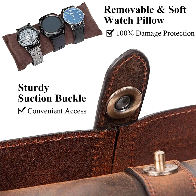 Leather Watch Box uxury Handmade Watch Roll Box Organizer 3 Slots Travel Leather Case Holder Storage