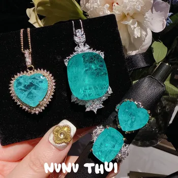 Women Gorgeous Paraiba Gemstone Pendant Necklace Love Zirconia Ring Set 1