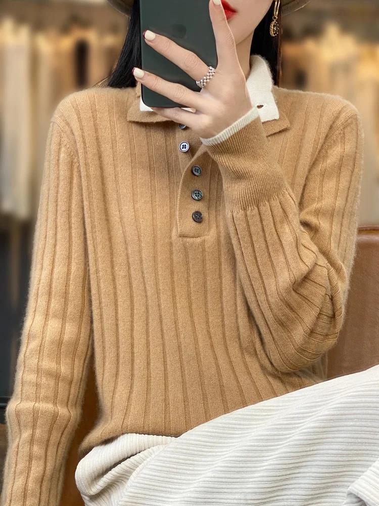 Women's Turn-down Collar Pullover Sweater 100% Merino Wool Autumn Winter Thickened Warm Casual Cashmere Knitwear Clothes
