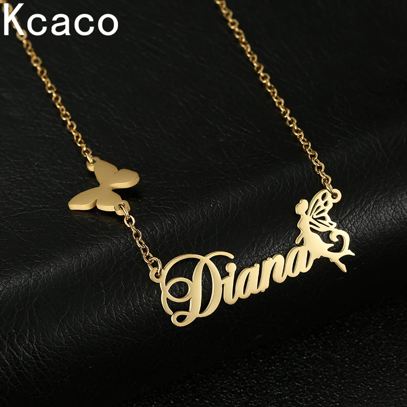 Kcaco Customized Angel Pattern Name Necklace with Butterfly Accessory for Women Stainless Steel Letters NamePlate Female Chain