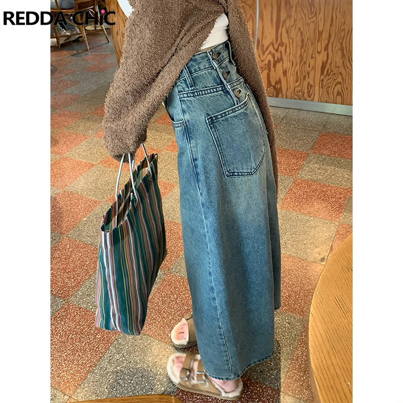 

ReddaChic Tall Girl Friendly Button Detailed Jean Skirt Maxi with Front Slit Korean Stylish Casual Plain Floor Long Denim Skirt