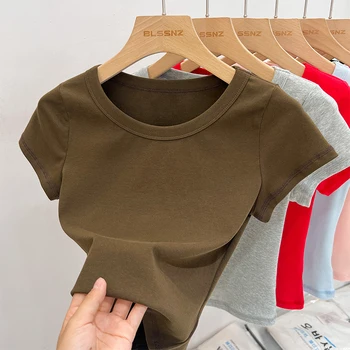 2025 المرأة قصيرة الأكمام تي شيرت عادية س الرقبة الصلبة سليم المحملة الصيف مثير الأساسية المحاصيل الأعلى بسيط تي شيرت الإناث Y2K بلايز الملابس 3