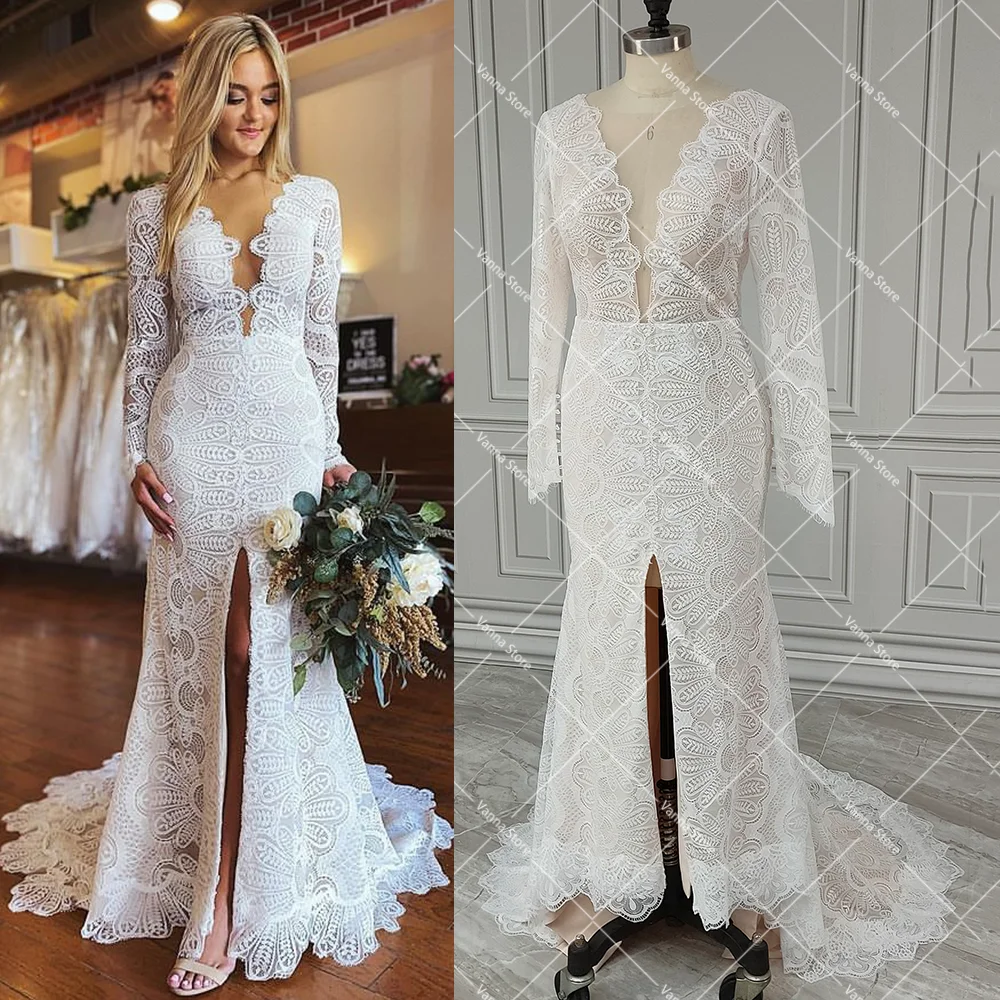 

Long Sleeve Backless Mermaid Wedding Dress Plus Size Scalloped Lace Custom Made Boho V Neck Open Back Thign Split Bridal Gown