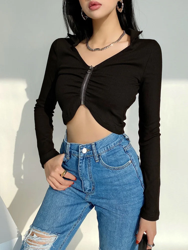

GGRIGHT American Sexy V-Neck Long Sleeve Zipper Women Fashion Slim Short Navel Knitting Autumn Tees Tops Korean Girl Female