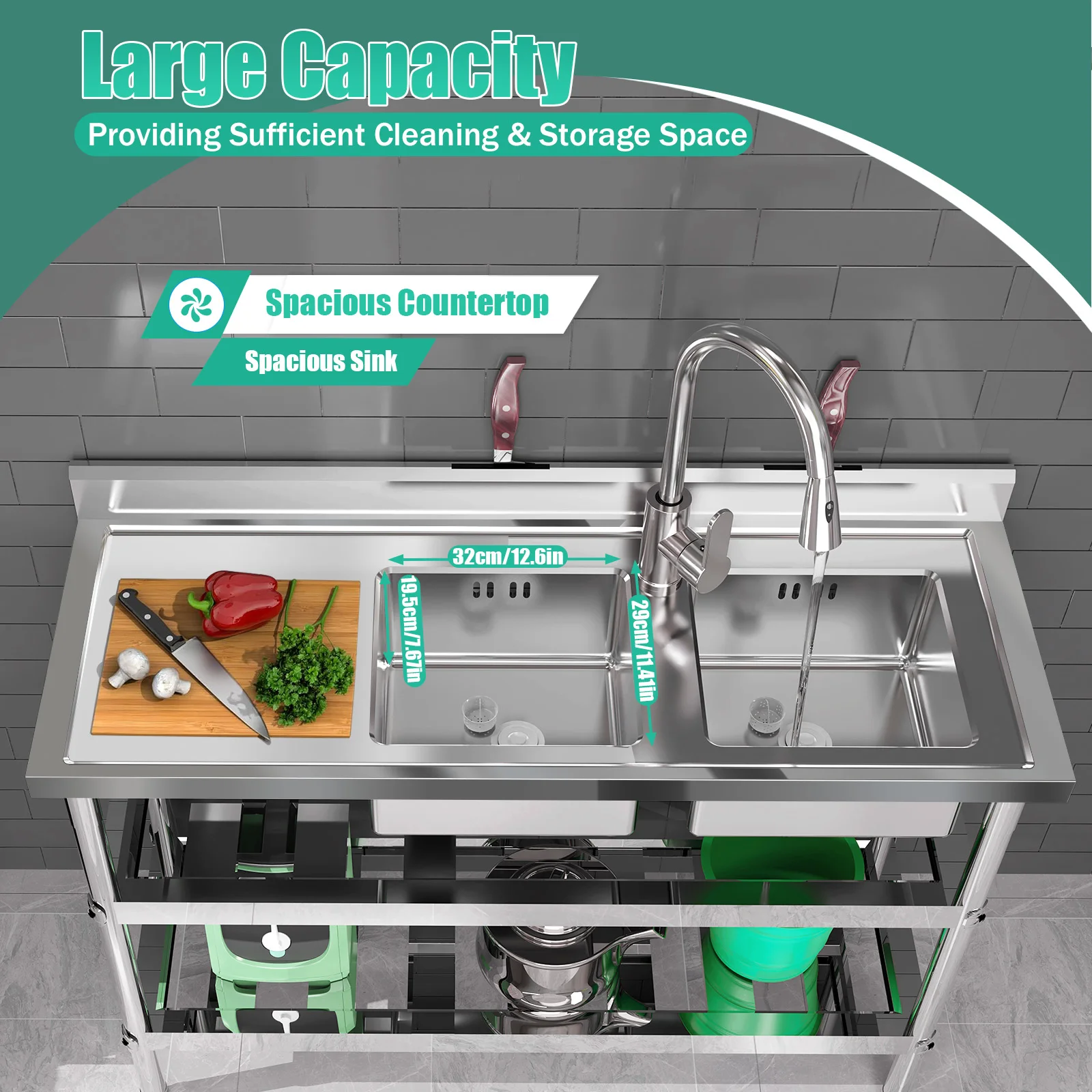 47.2*17.7*31.9 Inch Stainless Steel Kitchen Double Sink with Drawable Hot Cold Water Faucet Separate Sinks with Storage Rack 3