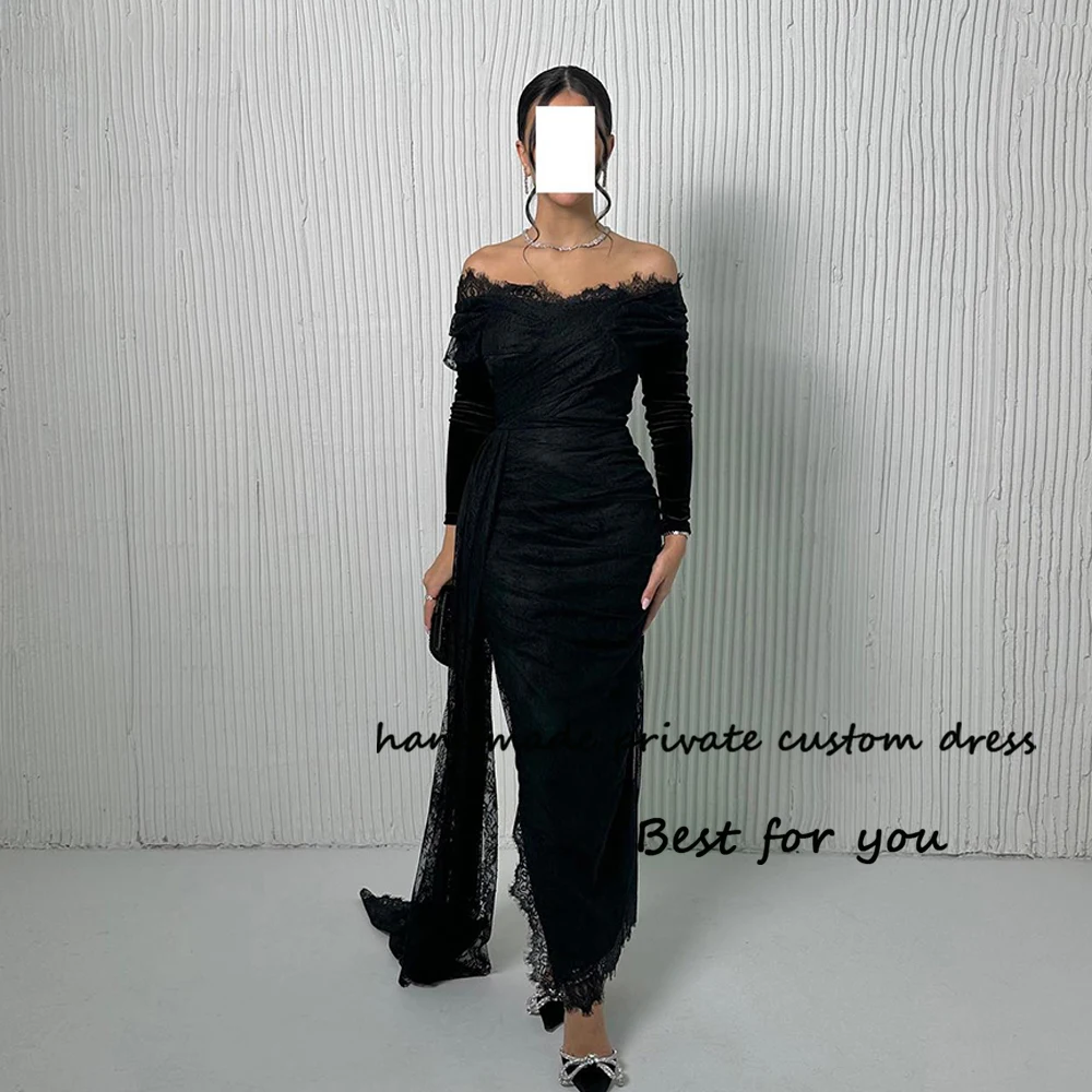 

Черное женское платье для выпускного вечера с открытыми плечами и рукавом 3/4 арабское вечернее платье Дубая с разрезом и шлейфом длиной до щиколотки