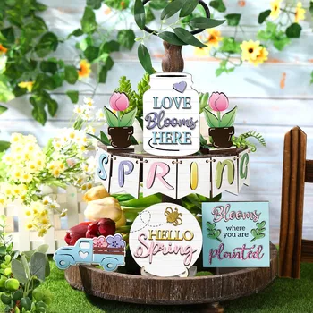 Spring Farmhouse Tiered Tray Decor Set Wooden Tiered Tray Mini Rustic Farm Decorations Home Decoration Accessories Free Shipping 4