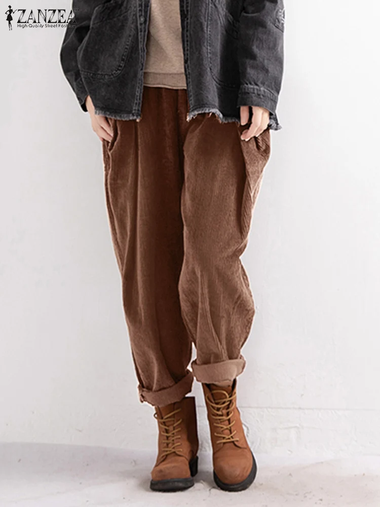 2023 ZANZEA Vintage Women\'s Corduroy Trousers Autumn Long Pants Casual Elastic Waist Loose Pantalon Palazzo Female Chic Turnip