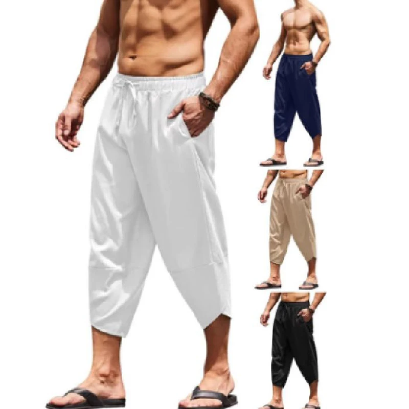 LVCBL Linnen shorts voor heren, 3/4 lengte, zomerbroek, strand, yoga, jogger, casual sweatpants, wit, XL
